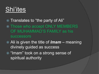 Why did the Muslims divide in 2?BIG QUESTION: Who was Muhammad’s rightful successor? 			His descendents?				OR			Elected caliphs? 