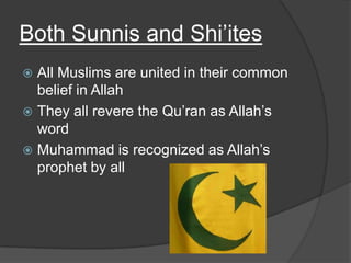 SunnisThose who claim to follow the Sunna, or example of the prophet MuhammadThey accept the election of the first 4 caliphsThey do not accept the concept of “Imam” but instead believe that every individual has a relationship with God
