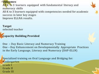 Outcomes
All K to 3 learners equipped with fundamental literacy and
numeracy skills
All K to 3 learners equipped with comp...