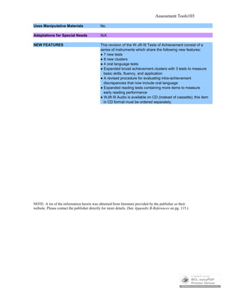 Assessment Tools103
Uses Manipulative Materials No
Adaptations for Special Needs N/A
NEW FEATURES This revision of the W-J® III Tests of Achievement consist of a
series of instruments which share the following new features:
● 7 new tests
● 8 new clusters
● 4 oral language tests
● Expanded broad achievement clusters with 3 tests to measure
basic skills, fluency, and application
● A revised procedure for evaluating intra-achievement
discrepancies that now include oral language
● Expanded reading tests containing more items to measure
early reading performance
● WJ® III Audio is available on CD (instead of cassette); this item
in CD format must be ordered separately.
NOTE: A lot of the information herein was obtained from literature provided by the publisher or their
website. Please contact the publisher directly for more details. (See Appendix B-References on pg. 115.)
 