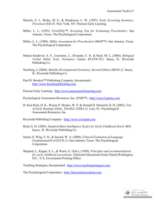 Assessment Tools117
Meisels, S. J., Wiske, M. S., & Henderson, L. W. (1997). Early Screening Inventory-
Preschool (ESI-P). New York, NY: Pearson Early Learning.
Miller, L. J., (1993). FirstSTEp™: Screening Test for Evaluating Preschoolers. San
Antonio, Texas: The Psychological Corporation.
Miller, L. J., (1988). Miller Assessment for Preschoolers (MAP™). San Antonio, Texas:
The Psychological Corporation.
Muñoz-Sandoval, A. F., Cummins, J., Alvarado, C. G. & Ruef, M. L. (2006). Bilingual
Verbal Ability Tests, Normative Update BVAT®-NU). Itasca, IL: Riverside
Publishing Co.
Newborg, J. (2004). Battelle Developmental Inventory, Second Edition (BDI®-2). Itasca,
IL: Riverside Publishing Co.
Paul H. Brookes™ Publishing Company, Incorporated –
http://www.brookespublishing.com
Pearson Early Learning - http://www.pearsonearlylearning.com
Psychological Assessment Resources, Inc. (PAR™) - http://www3.parinc.com
D. Kim Reid, D. K., Wayne P. Hresko, W. P. & Donald D. Hammill, D. D. (2002). Test
of Early Reading Ability, ThirdEd. (TERA-3). Lutz, FL: Psychological
Assessment Resources, Inc.
Riverside Publishing Company - http://www.riverpub.com
Roid, G. H. (2005). Stanford-Binet Intelligence Scales for Early Childhood (Early SB5).
Itasca, IL: Riverside Publishing Co.
Semel, E, Wiig, E. H., & Secord, W. A. (2004). Clinical Evaluation of Language
Fundamentals®-(CELF®-2.) San Antonio, Texas: The Psychological
Corporation.
Shepard, L., Kagan, S. L., & Wurtz, E. (Eds.), (1998). Principles and recommendations
for early childhood assessments. (National Educational Goals Panel).Washington,
D.C.: U.S. Government Printing Office.
Teaching Strategies, Incorporated - http://www.teachingstrategies.com
The Psychological Corporation - http://harcourtassessment.com
 