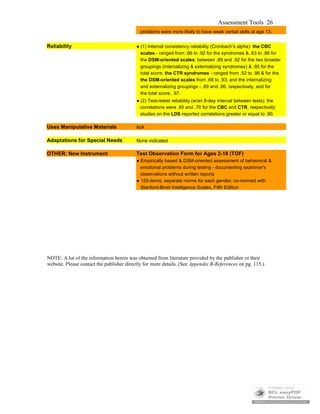 Assessment Tools 26
problems were more likely to have weak verbal skills at age 13.
Reliability ● (1) Internal consistency reliability (Cronbach’s alpha): the CBC
scales - ranged from .66 to .92 for the syndromes & .63 to .86 for
the DSM-oriented scales: between .89 and .92 for the two broader
groupings (internalizing & externalizing syndromes) & .95 for the
total score; the CTR syndromes - ranged from .52 to .96 & for the
the DSM-oriented scales from .68 to .93; and the internalizing
and externalizing groupings - .89 and .96, respectively, and for
the total score, .97.
● (2) Test-retest reliability (w/an 8-day interval between tests): the
correlations were .85 and .76 for the CBC and CTR, respectively;
studies on the LDS reported correlations greater or equal to .90.
Uses Manipulative Materials N/A
Adaptations for Special Needs None indicated
OTHER: New Instrument Test Observation Form for Ages 2-18 (TOF)
● Empirically based & DSM-oriented assessment of behavioral &
emotional problems during testing - documenting examiner's
observations without written reports
● 125-items; separate norms for each gender; co-normed with
Stanford-Binet Intelligence Scales, Fifth Edition
NOTE: A lot of the information herein was obtained from literature provided by the publisher or their
website. Please contact the publisher directly for more details. (See Appendix B-References on pg. 115.)
 