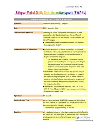 Assessment Tools 42
THIS INSTRUMENT HAS A VERSION IN SPANISH
Publisher The Riverside Publishing Company
Date 2006 - expected date
Domains/Areas Assessed The Bilingual Verbal Ability Tests are comprised of three
subtests from the Woodcock-Johnson-Revised Test of
Cognitive Ability; Picture Vocabulary; Oral Vocabulary, and
Verbal Analogies.
● These three subtests have been translated into eighteen
languages, plus English.
Uses or purpose of instrument ● Provides a measure of overall verbal ability for bilingual
individuals, or the unique combination of cognitive/academic
language abilities possessed by bilingual individuals in
English and another language.
□ The need for this test is based in the reality that bilingual
persons know some things in one language, some things in
the other language, and some things in both languages -
traditional procedures only allow the person's ability to be
tested in the dominant language.
● The BVAT-NU can be used for a variety of purposes in bilingual
education and clinical assessment; it can be used for entry and
exit criteria for bilingual programs. It can be used to assess the
academic potential of bilingual students through a comparison of
his or her current level of English language proficiency to his or
her bilingual verbal ability.
● The BVAT-NU can also be used in place of Tests 1 an 31 the
WJ® III Tests of Cognitive Abilities to provide a general intellectual
ability-bilingual (GIA-Bil) score.
Age Range 5.0 to Adult
Administration Time Varies. When using the BVAT-NU, the examiner administers
the three subtests in English first. Any item that was missed is
then administered in the native language.
□ an estimate is approximately 30 minutes
Examiner ● It may be administered either by one examiner who is fluent in
the individual's two languages, or, alternatively, by a primary and
ancillary examiner team when a bilingual examiner is not
available.
 