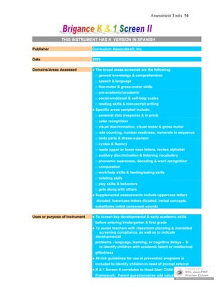 Assessment Tools 54
THIS INSTRUMENT HAS A VERSION IN SPANISH
Publisher Curriculum Associates®, Inc.
Date 2005
Domains/Areas Assessed ● The broad areas screened are the following:
□ general knowledge & comprehension
□ speech & language
□ fine-motor & gross-motor skills
□ pre-academic/academic
□ social-emotional & self-help scales
□ reading skills & manuscript writing
● Specific areas sampled include:
□ personal data (response & in print)
□ color recognition
□ visual discrimination, visual motor & gross motor
□ rote counting, number readiness, numerals in sequence
□ body parts & draws-a-person
□ syntax & fluency
□ reads upper or lower case letters, recites alphabet
□ auditory discrimination & listening vocabulary
□ phonemic awareness, decoding & word recognition
□ computation
□ work/help skills & feeding/eating skills
□ toileting skills
□ play skills & behaviors
□ gets along with others
● Supplemental assessments include uppercase letters
dictated, lowercase letters dictated, verbal concepts,
substitutes initial consonant sounds
Uses or purpose of instrument ● To screen key developmental & early academic skills
before entering kindergarten & first grade
● To assist teachers with classroom planning & mandated
screening compliance, as well as to indicate
developmental
problems - language, learning, or cognitive delays - &
to identify children with academic talent or intellectual
giftedness
● At-risk guidelines for use in prevention programs is
included to identify children in need of prompt referral
● K & 1 Screen II correlates to Head Start Child Outcomes
Framework; Parent questionnaires add valuable
 
