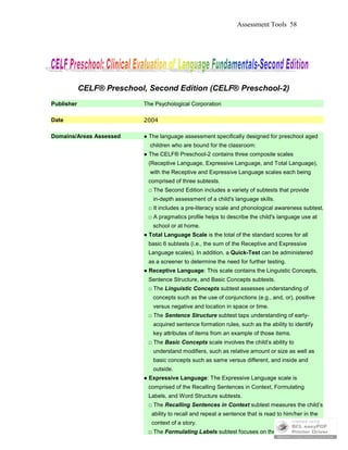 Assessment Tools 58
CELF® Preschool, Second Edition (CELF® Preschool-2)
Publisher The Psychological Corporation
Date 2004
Domains/Areas Assessed ● The language assessment specifically designed for preschool aged
children who are bound for the classroom:
● The CELF® Preschool-2 contains three composite scales
(Receptive Language, Expressive Language, and Total Language),
with the Receptive and Expressive Language scales each being
comprised of three subtests.
□ The Second Edition includes a variety of subtests that provide
in-depth assessment of a child's language skills.
□ It includes a pre-literacy scale and phonological awareness subtest.
□ A pragmatics profile helps to describe the child's language use at
school or at home.
● Total Language Scale is the total of the standard scores for all
basic 6 subtests (i.e., the sum of the Receptive and Expressive
Language scales). In addition, a Quick-Test can be administered
as a screener to determine the need for further testing.
● Receptive Language: This scale contains the Linguistic Concepts,
Sentence Structure, and Basic Concepts subtests.
□ The Linguistic Concepts subtest assesses understanding of
concepts such as the use of conjunctions (e.g., and, or), positive
versus negative and location in space or time.
□ The Sentence Structure subtest taps understanding of early-
acquired sentence formation rules, such as the ability to identify
key attributes of items from an example of those items.
□ The Basic Concepts scale involves the child’s ability to
understand modifiers, such as relative amount or size as well as
basic concepts such as same versus different, and inside and
outside.
● Expressive Language: The Expressive Language scale is
comprised of the Recalling Sentences in Context, Formulating
Labels, and Word Structure subtests.
□ The Recalling Sentences in Context subtest measures the child’s
ability to recall and repeat a sentence that is read to him/her in the
context of a story.
□ The Formulating Labels subtest focuses on the child’s ability to
 
