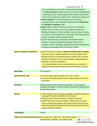 Assessment Tools 59
give verbal labels to nouns and verbs depicted in illustrations.
□ The Word Structure subtest measures the child’s understanding of
morphological rules, through tapping his/her ability to provide word
forms such as past tense, irregular verbs, and pronoun assignment.
● Total Language: The Total Language score is derived by
summing scores for all six subtests included within the Expressive
and Receptive Language scales.
● Quick -Test: The Quick-Test may be used as an initial step in
assessment and consists of only the Linguistic Concepts and
Recalling Sentences in Context subtests. A score of seven or below
on the Quick -Test indicates that the remainder of the battery should
be given to address specific language deficits.
● CELF® Preschool-2 is an individually administered test that
assesses receptive and expressive language ability and an
is used as a tool for identifying, diagnosing and performing follow-up
evaluations of language deficits in preschool children
Uses or purpose of instrument ● CELF® Preschool-2 includes a Behavioral Observation Checklist
to be used during or after the assessment to record specific child
behaviors that occur in the testing session (makes note of physical
activity level, attention to task, response latency, fatigue/boredom/
frustration, and level of interaction)
○ It is unclear whether there is a standardized way to include the
Behavioral Observation Checklist in CELF® Preschool-2 scoring.
Age Range 3.0 through 6.0
Administration Time Un-timed, takes approximately 30 to 45 minutes
● The Quick-Test administration times are approximately half that of
the full test.
Examiner Professionals involved in preschool education, including speech-
language pathologists, child psychologists, educational diagnosticians,
and special educators
Scores ● Total Language Score, Receptive Language Composite, Expressive
Language Composite and additional index scores
● Standard Scores, Percentile Ranks, and Age Equivalents
● CELF® Preschool-2 Scoring Assistant - software that scores test
results, maintains demographic information, stores raw scores and
produces comprehensive graphical and narrative reports; all reports
comply with IDEA mandates.
Language(s) English
Type (norm-/criterion-referenced) Norm-referenced - More than 1,500 children participated in
standardization, reliability, and validity studies.
 