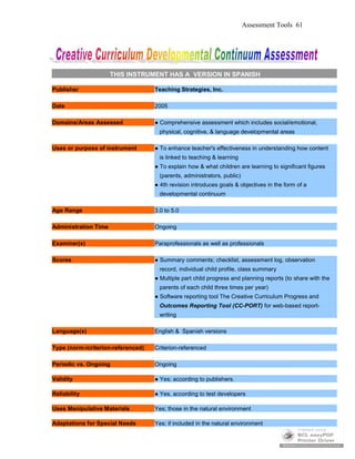 Assessment Tools 61
THIS INSTRUMENT HAS A VERSION IN SPANISH
Publisher Teaching Strategies, Inc.
Date 2005
Domains/Areas Assessed ● Comprehensive assessment which includes social/emotional,
physical, cognitive, & language developmental areas
Uses or purpose of instrument ● To enhance teacher's effectiveness in understanding how content
is linked to teaching & learning
● To explain how & what children are learning to significant figures
(parents, administrators, public)
● 4th revision introduces goals & objectives in the form of a
developmental continuum
Age Range 3.0 to 5.0
Administration Time Ongoing
Examiner(s) Paraprofessionals as well as professionals
Scores ● Summary comments; checklist, assessment log, observation
record, individual child profile, class summary
● Multiple part child progress and planning reports (to share with the
parents of each child three times per year)
● Software reporting tool The Creative Curriculum Progress and
Outcomes Reporting Tool (CC-PORT) for web-based report-
writing
Language(s) English & Spanish versions
Type (norm-/criterion-referenced) Criterion-referenced
Periodic vs. Ongoing Ongoing
Validity ● Yes; according to publishers.
Reliability ● Yes, according to test developers
Uses Manipulative Materials Yes; those in the natural environment
Adaptations for Special Needs Yes; if included in the natural environment
 