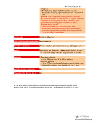 Assessment Tools 67
categories:
□ Never; Rarely; Occasionally; Frequently; and, Very
Frequently, according to parent's or teacher's perception of
child
○ e-DECA - web-based computer program that administers
the assessment online in either Spanish or English, completes
completes all scoring, stores results in a database, and
generates numeric and graphic summaries of results.
Available results include:
□ Individual Child Profile; Classroom Profile; Rater
Comparisons; Pre-Posttest Comparisons; Parent Letter;
(Site and Program level reports will be available in Winter
2005, according to developers)
Language(s) English and Spanish
Type (norm-/criterion-referenced) Norm-referenced
Periodic vs. Ongoing Periodic (ideally, it is recommended for use 3 times per year)
Validity According to test developers the DECA has construct, content,
and concurrent validity within the range between .65 and .69
Reliability ● Test-retest reliability:
□ .55 to .80 for parents; .87 to .94 for teachers
● Interrater reliability:
□ .59 to .77 for the protective factors (comparing teachers and
aides); all correlations were significant at the .01 level
Uses Manipulative Materials No
Adaptations for Special Needs N/A
NOTE: A lot of the information herein was obtained from literature provided by the publisher or their
website. Please contact the publisher directly for more details. (See Appendix B-References on pg. 115.)
 
