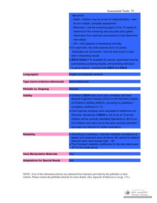 Assessment Tools 75
age group.
□ Refer-- children may be at risk for delay/disability-- refer
for an in-depth, complete assessment
□ Rescreen-- use the screening again in 8 to 10 weeks to
determine if the screening was accurate (also gather
information from teachers and parents to help determine
next steps)
□ OK-- child appears to developing normally
● For each item, the child receives from 0-3 points;
Subscales are not scored-- only the total score is used
when interpreting results
● ESI-R Online™ is available for secure, automated scoring,
summarizing screening results, and providing individual
or group reports - includes both ESI-P and ESI-K
Language(s) English and Spanish versions
Type (norm-/criterion-referenced) Norm-referenced
Periodic vs. Ongoing Periodic
Validity ● Children's ESI-K total score was correlated with their
General Cognitive Indexes (GCIs) on the McCarthy Scales
of Children's Abilities (MSCA), according to publishers -
correlation coefficient of .73.
● Cost matrices analyses were calculated to determine cut-
off points: Sensitivity of ESI-K is .92 (9 out of 10 at-risk
children will be correctly identified) Specificity is .80 (4 out
of 5 children who were not at-risk were correctly identified
and were not referred for further evaluation)
Reliability ● According to publishers, interrater reliability correlations of
testers and observers were all above .99; alphas for testers/
observer pairs were equally high - .98
● The Cronbach reliability coefficients for the test-retest were
.87 for the whole group
Uses Manipulative Materials Yes
Adaptations for Special Needs N/A
NOTE: A lot of the information herein was obtained from literature provided by the publisher or their
website. Please contact the publisher directly for more details. (See Appendix B-References on pg. 115.)
 