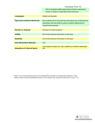 Assessment Tools 86
links to developmentally appropriate activities, assessment
results in relation to Head Start Child Outcomes
Language(s) English and Spanish
Type (norm-/criterion-referenced) Norm-referenced (in the event the instructions are not followed per
prescribed, this tool could be used as criterion-referenced for
instructional purposes).
Periodic vs. Ongoing Periodic to monitor progress
Validity Did not find relevant information on this topic
Reliability Did not find relevant information on this topic
Uses Manipulative Materials Yes
Adaptations for Special Needs
Yes however screens are, then, treated as a criterion-referenced
tool
NOTE: A lot of the information herein was obtained from literature provided by the publisher or their
website. Please contact the publisher directly for more details. (See Appendix B-References on pg. 115.)
 
