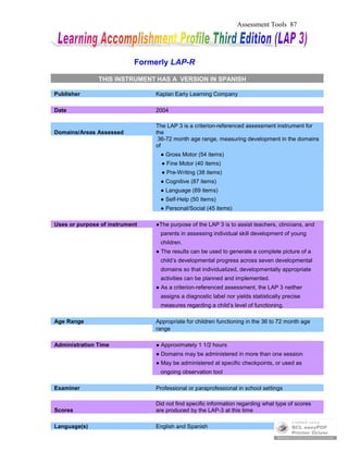 Assessment Tools 87
Formerly LAP-R
THIS INSTRUMENT HAS A VERSION IN SPANISH
Publisher Kaplan Early Learning Company
Date 2004
Domains/Areas Assessed
The LAP 3 is a criterion-referenced assessment instrument for
the
36-72 month age range, measuring development in the domains
of
● Gross Motor (54 items)
● Fine Motor (40 items)
● Pre-Writing (38 items)
● Cognitive (87 items)
● Language (69 items)
● Self-Help (50 items)
● Personal/Social (45 items)
Uses or purpose of instrument ●The purpose of the LAP 3 is to assist teachers, clinicians, and
parents in assessing individual skill development of young
children.
● The results can be used to generate a complete picture of a
child’s developmental progress across seven developmental
domains so that individualized, developmentally appropriate
activities can be planned and implemented.
● As a criterion-referenced assessment, the LAP 3 neither
assigns a diagnostic label nor yields statistically precise
measures regarding a child’s level of functioning.
Age Range Appropriate for children functioning in the 36 to 72 month age
range
Administration Time ● Approximately 1 1/2 hours
● Domains may be administered in more than one session
● May be administered at specific checkpoints, or used as
ongoing observation tool
Examiner Professional or paraprofessional in school settings
Scores
Did not find specific information regarding what type of scores
are produced by the LAP-3 at this time
Language(s) English and Spanish
 