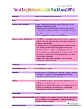 Assessment Tools 94
Publisher Psychological Assessment Resources, Inc.
Date 2003
Domains/Areas Assessed The test measures informal and formal (school-taught) concepts
and skills in the following domains:
● numbering skills, number-comparison facility, numeral literacy,
mastery of number facts, calculation skills, and understanding of
concepts.
● It has two parallel forms, each containing 72 items.
Uses or purpose of instrument ● The TEMA-3 measures the mathematics performance of young
children and is also useful with older children who have learning
problems in mathematics.
● It can be used as a norm-referenced measure or as a diagnostic
instrument to determine specific strengths and weaknesses.
● Thus, the test can be used to measure progress, evaluate
programs, screen for readiness, discover the basis for poor school
performance in mathematics, identify gifted students, and guide
instruction and remediation.
● The two forms of the TEMA-3 allows you to study a child's
mathematics progress over time.
Age Range 3.0 to 8.11 years
Administration Time ● Approximately 40 minutes
Examiner Professionals and paraprofessionals (training & supervision required)
● The TEMA-3 can be used in a variety of settings, including
preschools, elementary schools, and clinics
Scores ● Test results are reported as standard scores, percentile ranks,
and age and grade equivalents.
● Reportedly, one of the test authors (Herbert Ginsburg) is currently
working on software that can guide teachers' mathematics
assessment and organize their observations.
Language(s) English
Type (norm-/criterion-referenced) Norm-referenced - The all new standardization sample is composed
of 1,219 children. The characteristics of the sample approximate
those in the 2001 U.S. Census.
Periodic vs. Ongoing Periodic to monitor progress
 