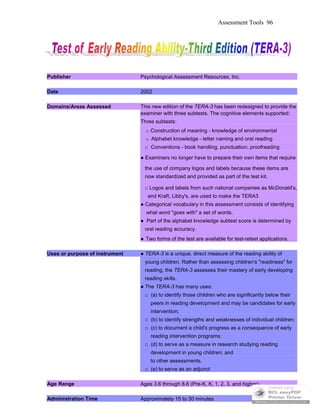 Assessment Tools 96
Publisher Psychological Assessment Resources, Inc.
Date 2002
Domains/Areas Assessed This new edition of the TERA-3 has been redesigned to provide the
examiner with three subtests. The cognitive elements supported:
Three subtests:
□ Construction of meaning - knowledge of environmental
□ Alphabet knowledge - letter naming and oral reading
□ Conventions - book handling, punctuation, proofreading
● Examiners no longer have to prepare their own items that require
the use of company logos and labels because these items are
now standardized and provided as part of the test kit.
□ Logos and labels from such national companies as McDonald's,
and Kraft, Libby's, are used to make the TERA3
● Categorical vocabulary in this assessment consists of identifying
what word "goes with" a set of words.
● Part of the alphabet knowledge subtest score is determined by
oral reading accuracy.
● Two forms of the test are available for test-retest applications.
Uses or purpose of instrument ● TERA-3 is a unique, direct measure of the reading ability of
young children. Rather than assessing children's "readiness" for
reading, the TERA-3 assesses their mastery of early developing
reading skills.
● The TERA-3 has many uses:
□ (a) to identify those children who are significantly below their
peers in reading development and may be candidates for early
intervention;
□ (b) to identify strengths and weaknesses of individual children;
□ (c) to document a child's progress as a consequence of early
reading intervention programs;
□ (d) to serve as a measure in research studying reading
development in young children; and
to other assessments.
□ (e) to serve as an adjunct
Age Range Ages 3.6 through 8.6 (Pre-K, K, 1, 2, 3, and higher)
Administration Time Approximately 15 to 30 minutes
 