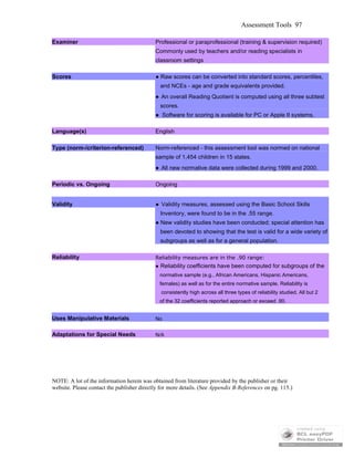 Assessment Tools 97
Examiner Professional or paraprofessional (training & supervision required)
Commonly used by teachers and/or reading specialists in
classroom settings
Scores ● Raw scores can be converted into standard scores, percentiles,
and NCEs - age and grade equivalents provided.
● An overall Reading Quotient is computed using all three subtest
scores.
● Software for scoring is available for PC or Apple II systems.
Language(s) English
Type (norm-/criterion-referenced) Norm-referenced - this assessment tool was normed on national
sample of 1,454 children in 15 states.
● All new normative data were collected during 1999 and 2000.
Periodic vs. Ongoing Ongoing
Validity ● Validity measures, assessed using the Basic School Skills
Inventory, were found to be in the .55 range.
● New validity studies have been conducted; special attention has
been devoted to showing that the test is valid for a wide variety of
subgroups as well as for a general population.
Reliability Reliability measures are in the .90 range:
● Reliability coefficients have been computed for subgroups of the
normative sample (e.g., African Americans, Hispanic Americans,
females) as well as for the entire normative sample. Reliability is
consistently high across all three types of reliability studied. All but 2
of the 32 coefficients reported approach or exceed .90.
Uses Manipulative Materials No
Adaptations for Special Needs N/A
NOTE: A lot of the information herein was obtained from literature provided by the publisher or their
website. Please contact the publisher directly for more details. (See Appendix B-References on pg. 115.)
 