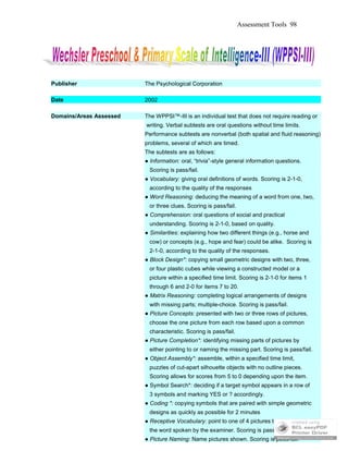 Assessment Tools 98
Publisher The Psychological Corporation
Date 2002
Domains/Areas Assessed The WPPSI™-III is an individual test that does not require reading or
writing. Verbal subtests are oral questions without time limits.
Performance subtests are nonverbal (both spatial and fluid reasoning)
problems, several of which are timed.
The subtests are as follows:
● Information: oral, “trivia”-style general information questions.
Scoring is pass/fail.
● Vocabulary: giving oral definitions of words. Scoring is 2-1-0,
according to the quality of the responses
● Word Reasoning: deducing the meaning of a word from one, two,
or three clues. Scoring is pass/fail.
● Comprehension: oral questions of social and practical
understanding. Scoring is 2-1-0, based on quality.
● Similarities: explaining how two different things (e.g., horse and
cow) or concepts (e.g., hope and fear) could be alike. Scoring is
2-1-0, according to the quality of the responses.
● Block Design*: copying small geometric designs with two, three,
or four plastic cubes while viewing a constructed model or a
picture within a specified time limit. Scoring is 2-1-0 for items 1
through 6 and 2-0 for items 7 to 20.
● Matrix Reasoning: completing logical arrangements of designs
with missing parts; multiple-choice. Scoring is pass/fail.
● Picture Concepts: presented with two or three rows of pictures,
choose the one picture from each row based upon a common
characteristic. Scoring is pass/fail.
● Picture Completion*: identifying missing parts of pictures by
either pointing to or naming the missing part. Scoring is pass/fail.
● Object Assembly*: assemble, within a specified time limit,
puzzles of cut-apart silhouette objects with no outline pieces.
Scoring allows for scores from 5 to 0 depending upon the item.
● Symbol Search*: deciding if a target symbol appears in a row of
3 symbols and marking YES or ? accordingly.
● Coding *: copying symbols that are paired with simple geometric
designs as quickly as possible for 2 minutes
● Receptive Vocabulary: point to one of 4 pictures that represents
the word spoken by the examiner. Scoring is pass/fail.
● Picture Naming: Name pictures shown. Scoring is pass/fail.
 
