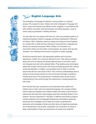 E a r l y   L e a r n i n g   C o n t e n t   S t a n d a r d s




                                    English Language Arts

                      The emergence of language and literacy in young children is a dynamic
                      process. The research is clear: children who enter kindergarten “language rich,”
                      that is, using and knowing many different words, engaging in conversations with
                      other children and adults, sharing information and asking questions, come to
                      school ready to participate in reading instruction.


                      It is also clear from the research that there are “clear and consistent patterns of
                      relationship between children’s language and literacy development” (Dickinson
                      and Tabors, 2001). Speaking, listening, reading and writing are bound together
                      as a system that is useful and has meaning for young learners. Language and
                      literacy are interactive processes. When children are immersed in an
                      environment where oral and written communications are valued, they have the
                      motivation, the modeling and the sense of purpose to master language.


                      During the preschool years, with appropriate guidance and curriculum
                      experiences, children turn conscious attention to print. They acquire concepts
                      about print such as linearity and directionality and learn to write their names
                      and recognize and write some alphabet letters. They develop early phonological
                      awareness through hearing stories and rhymes and playing games with rhyming
                      words and alliteration. In addition, young children learn to listen to and talk
                      about books that are read aloud to them. They construct understandings about a
                      variety of kinds of books and print in the environment and begin to develop a
                      concept about story. The young learners’ vocabularies grow as they acquire
                      understanding of new words through their experiences, including experiences
                      with books.


                      Over the past few years, practitioners and researchers have studied how
                      children learn to read, write and understand language. The concepts children
                      need to become competent and confident readers and writers and the kinds of
                      experiences that help them make progress have been identified. Based on this
                      research, the key components or “big ideas” of effective early literacy programs
                      include vocabulary and oral language development; phonological awareness;
                      awareness and knowledge of print; letters and words; comprehension;
                      awareness and knowledge of books and other texts; and beginning awareness
                      and understanding of the process, composition and conventions of writing. A
                      deep understanding of these key components can assist early childhood



 10
 