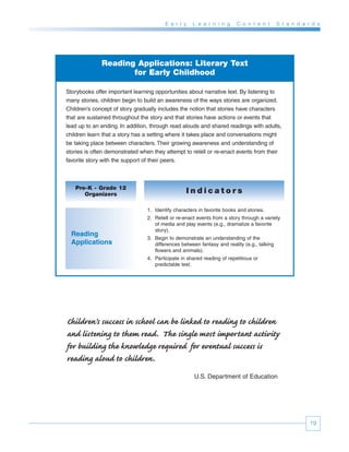 E a r l y   L e a r n i n g     C o n t e n t       S t a n d a r d s




              Reading Applications: Literary Text
                     for Early Childhood

Storybooks offer important learning opportunities about narrative text. By listening to
many stories, children begin to build an awareness of the ways stories are organized.
Children’s concept of story gradually includes the notion that stories have characters
that are sustained throughout the story and that stories have actions or events that
lead up to an ending. In addition, through read alouds and shared readings with adults,
children learn that a story has a setting where it takes place and conversations might
be taking place between characters. Their growing awareness and understanding of
stories is often demonstrated when they attempt to retell or re-enact events from their
favorite story with the support of their peers.



   Pre-K - Grade 12
      Organizers                                 Indicators

                                1. Identify characters in favorite books and stories.
                                2. Retell or re-enact events from a story through a variety
                                   of media and play events (e.g., dramatize a favorite
                                   story).
  Reading
                                3. Begin to demonstrate an understanding of the
  Applications                     differences between fantasy and reality (e.g., talking
                                   flowers and animals).
                                4. Participate in shared reading of repetitious or
                                   predictable text.




Children’s success in school can be linked to reading to children
and listening to them read. The single most important activity
for building the knowledge required for eventual success is
reading aloud to children.
                                                     U.S. Department of Education




                                                                                                         19
 