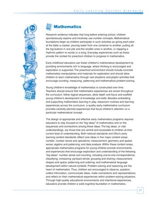 E a r l y   L e a r n i n g   C o n t e n t   S t a n d a r d s




       Mathematics
Research evidence indicates that long before entering school, children
spontaneously explore and intuitively use number concepts. Mathematical
foundations begin as children participate in such activities as giving each peer
at the table a cracker, pouring water from one container to another, putting all
the big buttons in one pile and the smaller ones in another, or clapping a
rhythmic pattern to words or a song. Everyday experiences such as these
provide the context for preschool children to progress in mathematics.

Early childhood educators can foster children’s mathematical development by
providing environments rich in language, where thinking is encouraged and
exploration is supported. The preschool environment should include concrete
mathematics manipulatives and materials for exploration and should allow
children to learn mathematics through real situations and playful activities that
encourage counting, measuring, patterning and mathematical problem-solving.

Young children’s knowledge of mathematics is constructed over time.
Teachers should ensure that mathematics experiences are woven throughout
the curriculum, follow logical sequences, allow depth and focus and scaffold
young children’s development of knowledge and skills. Besides embedding
and supporting mathematics learning in play, classroom routines and learning
experiences across the curriculum, a quality early mathematics curriculum
provides carefully planned experiences that focus children’s attention on a
particular mathematical concept.

The design of appropriate and effective early mathematics programs requires
educators to stay focused on the “big ideas” of mathematics and on the
sequences and connections among these ideas. The big ideas, or vital
understandings, are those that are central and accessible to children at their
current level of understanding. Both national standards and Ohio’s early
learning content standards reflect core ideas in five major content areas:
number, number sense and operations; measurement; geometry and spatial
sense; algebra and patterning; and data analysis. Within these content areas,
appropriate mathematics programs for young children provide environments
and experiences that encourage exploration and understanding of the following
“big ideas”: number sense and counting, including one-to-one correspondence;
classifying; comparing; part/part-whole; grouping and sharing; measurement;
shapes and space; patterning and ordering; and mathematical language
development within natural contexts. Problem-solving and reasoning are the
heart of mathematics. Thus, children are encouraged to observe, question,
collect information, communicate ideas, make connections and representations,
and reflect on their mathematical experiences within problem-solving situations.
Through high-quality educational environments and intentional experiences,
educators provide children a solid cognitive foundation in mathematics.

                                                                                    27
 