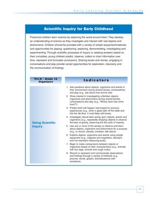 E a r l y    L e a r n i n g    C o n t e n t     S t a n d a r d s




             Scientific Inquiry for Early Childhood

Preschool children learn science by exploring the world around them. They develop
an understanding of science as they investigate and interact with real objects and
phenomena. Children should be provided with a variety of simple equipment/materials
and opportunities for playing, questioning, exploring, demonstrating, investigating and
experimenting. Through scientific processes of inquiry or seeking answers based on
their curiosities, young children predict, observe, collect or chart information over
time, represent and formulate conclusions. Sharing books and stories, engaging in
conversations and play provide varied opportunities for exploration, discovery and
the communication of findings.



    Pre-K - Grade 12
       Organizers                                   Indicators
                                 1. Ask questions about objects, organisms and events in
                                    their environment during shared stories, conversations
                                    and play (e.g., ask about how worms eat).
                                 2. Show interest in investigating unfamiliar objects,
                                    organisms and phenomena during shared stories,
                                    conversations and play (e.g., “Where does hail come
                                    from?”).
                                 3. Predict what will happen next based on previous
                                    experiences (e.g., when a glass falls off the table and
                                    hits the tile floor, it most likely will break).
                                 4. Investigate natural laws acting upon objects, events and
                                    organisms (e.g., repeatedly dropping objects to observe
  Doing Scientific                  the laws of gravity, observing the life cycle of insects).
  Inquiry                        5. Use one or more of the senses to observe and learn
                                    about objects, organisms and phenomena for a purpose
                                    (e.g., to record, classify, compare, talk about).
                                 6. Explore objects, organisms and events using simple
                                    equipment (e.g., magnets and magnifiers, standard
                                    and non-standard measuring tools).
                                 7. Begin to make comparisons between objects or
                                    organisms based on their characteristics (e.g., animals
                                    with four legs, smooth and rough rocks).
                                 8. Record or represent and communicate observations
                                    and findings through a variety of methods (e.g.,
                                    pictures, words, graphs, dramatizations) with
                                    assistance.




                                                                                                       41
 