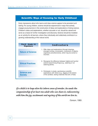 E a r l y   L e a r n i n g   C o n t e n t   S t a n d a r d s




                   Scientific Ways of Knowing for Early Childhood

               Early impressions about who learns and does science appear to be persistent and
               lasting. For young children, science should be experienced in ways that actively
               engage young learners in the construction of ideas and explanations of doing science.
               Children’s ideas and explanations, whether accurate or not, should be valued and
               serve as a basis for further investigation and discovery. Science should be modeled
               as an activity for all learners, where they individually and collectively contribute to a
               growing understanding of the natural world.



                   Pre-K - Grade 12
                      Organizers                                  Indicators
                                                 1. Offer ideas and explanations (through drawings,
                                                    emergent writing, conversation, movement) of objects,
                 Nature of Science                  organisms and phenomena, which may be correct or
                                                    incorrect.



                                                 2. Recognize the difference between helpful and harmful
                                                    actions toward living things (e.g., watering or not
                 Ethical Practices
                                                    watering plants).



                                                 3. Participate in simple, spontaneous scientific
                 Science and                        explorations with others (e.g., digging to the bottom
                 Society                            of the sandbox, testing materials that sink or float).




            If a child is to keep alive his inborn sense of wonder...he needs the
            companionship of at least one adult who can share it, rediscovering
            with him the joy, excitement and mystery of the world we live in.
                                                                                               Carson, 1965




 42
 