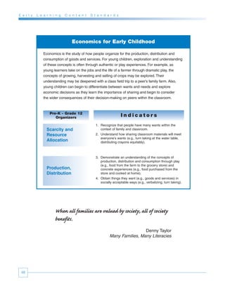 E a r l y   L e a r n i n g   C o n t e n t   S t a n d a r d s




                                  Economics for Early Childhood

                Economics is the study of how people organize for the production, distribution and
                consumption of goods and services. For young children, exploration and understanding
                of these concepts is often through authentic or play experiences. For example, as
                young learners take on the jobs and the life of a farmer through dramatic play, the
                concepts of growing, harvesting and selling of crops may be explored. Their
                understanding may be deepened with a class field trip to a peer’s family farm. Also,
                young children can begin to differentiate between wants and needs and explore
                economic decisions as they learn the importance of sharing and begin to consider
                the wider consequences of their decision-making on peers within the classroom.



                    Pre-K - Grade 12
                       Organizers                                 Indicators
                                                 1. Recognize that people have many wants within the
                  Scarcity and                      context of family and classroom.
                  Resource                       2. Understand how sharing classroom materials will meet
                                                    everyone’s wants (e.g., turn taking at the water table,
                  Allocation                        distributing crayons equitably).



                                                 3. Demonstrate an understanding of the concepts of
                                                    production, distribution and consumption through play
                                                    (e.g., food from the farm to the grocery store) and
                  Production,                       concrete experiences (e.g., food purchased from the
                  Distribution                      store and cooked at home).
                                                 4. Obtain things they want (e.g., goods and services) in
                                                    socially acceptable ways (e.g., verbalizing, turn taking).




                       When all families are valued by society, all of society
                       benefits.
                                                                           Denny Taylor
                                                          Many Families, Many Literacies




 48
 
