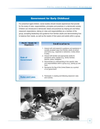 E a r l y   L e a r n i n g     C o n t e n t      S t a n d a r d s




                 Government for Early Childhood

For preschool aged children, social studies should include experiences that provide
for the study of roles, responsibilities, principles and practices in a democratic society.
Children are introduced to democratic ideals and practices by helping set and follow
classroom expectations, taking on roles and responsibilities as a member of the
group, accepting leadership and guidance from familiar adults and demonstrating how
to balance their needs, as well as the needs of their peers and adults within a group.



    Pre-K - Grade 12
       Organizers                                  Indicators
                                  1. Interact with and respond to guidance and assistance in
                                     socially accepted ways from familiar adults at school
                                     and home (e.g., responds to redirection, invites others
                                     to play).
                                  2. Interact with familiar and appropriate adults for
  Role of                            assistance when needed (e.g., family member,
  Government                         teacher, police, firefighter).
                                  3. Demonstrate an understanding of the specific roles
                                     and responsibilities within a group (e.g., picking up own
                                     toys).
                                  4. Recognize the flag of the United States as a symbol
                                     of our government.



                                  5. Participate in creating and following classroom rules
  Rules and Laws                     and routines.




                                                                                                          49
 
