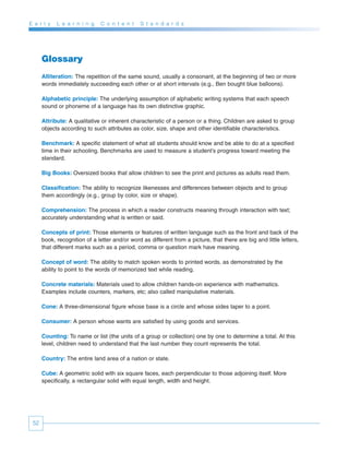 E a r l y   L e a r n i n g    C o n t e n t   S t a n d a r d s




      Glossary
      Alliteration: The repetition of the same sound, usually a consonant, at the beginning of two or more
      words immediately succeeding each other or at short intervals (e.g., Ben bought blue balloons).

      Alphabetic principle: The underlying assumption of alphabetic writing systems that each speech
      sound or phoneme of a language has its own distinctive graphic.

      Attribute: A qualitative or inherent characteristic of a person or a thing. Children are asked to group
      objects according to such attributes as color, size, shape and other identifiable characteristics.

      Benchmark: A specific statement of what all students should know and be able to do at a specified
      time in their schooling. Benchmarks are used to measure a student’s progress toward meeting the
      standard.

      Big Books: Oversized books that allow children to see the print and pictures as adults read them.

      Classification: The ability to recognize likenesses and differences between objects and to group
      them accordingly (e.g., group by color, size or shape).

      Comprehension: The process in which a reader constructs meaning through interaction with text;
      accurately understanding what is written or said.

      Concepts of print: Those elements or features of written language such as the front and back of the
      book, recognition of a letter and/or word as different from a picture, that there are big and little letters,
      that different marks such as a period, comma or question mark have meaning.

      Concept of word: The ability to match spoken words to printed words, as demonstrated by the
      ability to point to the words of memorized text while reading.

      Concrete materials: Materials used to allow children hands-on experience with mathematics.
      Examples include counters, markers, etc; also called manipulative materials.

      Cone: A three-dimensional figure whose base is a circle and whose sides taper to a point.

      Consumer: A person whose wants are satisfied by using goods and services.

      Counting: To name or list (the units of a group or collection) one by one to determine a total. At this
      level, children need to understand that the last number they count represents the total.

      Country: The entire land area of a nation or state.

      Cube: A geometric solid with six square faces, each perpendicular to those adjoining itself. More
      specifically, a rectangular solid with equal length, width and height.




 52
 