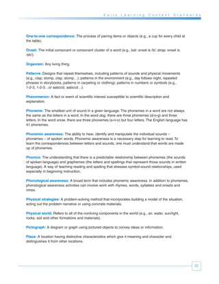 E a r l y   L e a r n i n g   C o n t e n t   S t a n d a r d s




One-to-one correspondence: The process of pairing items or objects (e.g., a cup for every child at
the table).

Onset: The initial consonant or consonant cluster of a word (e.g., bat: onset is /b/; strap: onset is
/str/).

Organism: Any living thing.

Patterns: Designs that repeat themselves, including patterns of sounds and physical movements
(e.g., clap, stomp, clap, stomp…); patterns in the environment (e.g., day follows night, repeated
phrases in storybooks, patterns in carpeting or clothing); patterns in numbers or symbols (e.g.,
1-2-3, 1-2-3…or aabccd, aabccd…).

Phenomenon: A fact or event of scientific interest susceptible to scientific description and
explanation.

Phoneme: The smallest unit of sound in a given language. The phonemes in a word are not always
the same as the letters in a word. In the word dog, there are three phonemes (d-o-g) and three
letters. In the word snow, there are three phonemes (s-n-o) but four letters. The English language has
41 phonemes.

Phonemic awareness: The ability to hear, identify and manipulate the individual sounds –
phonemes – of spoken words. Phonemic awareness is a necessary step for learning to read. To
learn the correspondences between letters and sounds, one must understand that words are made
up of phonemes.

Phonics: The understanding that there is a predictable relationship between phonemes (the sounds
of spoken language) and graphemes (the letters and spellings that represent those sounds in written
language). A way of teaching reading and spelling that stresses symbol-sound relationships, used
especially in beginning instruction.

Phonological awareness: A broad term that includes phonemic awareness. In addition to phonemes,
phonological awareness activities can involve work with rhymes, words, syllables and onsets and
rimes.

Physical strategies: A problem-solving method that incorporates building a model of the situation,
acting out the problem narrative or using concrete materials.

Physical world: Refers to all of the nonliving components in the world (e.g., air, water, sun/light,
rocks, soil and other formations and materials).

Pictograph: A diagram or graph using pictured objects to convey ideas or information.

Place: A location having distinctive characteristics which give it meaning and character and
distinguishes it from other locations.




                                                                                                              55
 