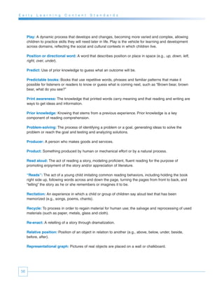 E a r l y   L e a r n i n g   C o n t e n t    S t a n d a r d s




      Play: A dynamic process that develops and changes, becoming more varied and complex, allowing
      children to practice skills they will need later in life. Play is the vehicle for learning and development
      across domains, reflecting the social and cultural contexts in which children live.

      Position or directional word: A word that describes position or place in space (e.g., up, down, left,
      right, over, under).

      Predict: Use of prior knowledge to guess what an outcome will be.

      Predictable books: Books that use repetitive words, phrases and familiar patterns that make it
      possible for listeners or readers to know or guess what is coming next, such as “Brown bear, brown
      bear, what do you see?”

      Print awareness: The knowledge that printed words carry meaning and that reading and writing are
      ways to get ideas and information.

      Prior knowledge: Knowing that stems from a previous experience. Prior knowledge is a key
      component of reading comprehension.

      Problem-solving: The process of identifying a problem or a goal, generating ideas to solve the
      problem or reach the goal and testing and analyzing solutions.

      Producer: A person who makes goods and services.

      Product: Something produced by human or mechanical effort or by a natural process.

      Read aloud: The act of reading a story, modeling proficient, fluent reading for the purpose of
      promoting enjoyment of the story and/or appreciation of literature.

      “Reads”: The act of a young child imitating common reading behaviors, including holding the book
      right side up, following words across and down the page, turning the pages from front to back, and
      “telling” the story as he or she remembers or imagines it to be.

      Recitation: An experience in which a child or group of children say aloud text that has been
      memorized (e.g., songs, poems, chants).

      Recycle: To process in order to regain material for human use; the salvage and reprocessing of used
      materials (such as paper, metals, glass and cloth).

      Re-enact: A retelling of a story through dramatization.

      Relative position: Position of an object in relation to another (e.g., above, below, under, beside,
      before, after).

      Representational graph: Pictures of real objects are placed on a wall or chalkboard.




 56
 