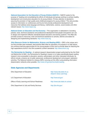 E a r l y   L e a r n i n g   C o n t e n t   S t a n d a r d s




      National Association for the Education of Young Children (NAEYC) – NAEYC exists for the
      purpose of “leading and consolidating the efforts of individuals and groups working to achieve healthy
      development and constructive education for all young children. Primary attention is devoted to
      assuring the provision of high quality early childhood programs for young children.” This site provides
      access to information on conferences and forums that provide professional development and
      resources that address early language and literacy, mathematics, science, social studies and other
      relevant issues. http://www.naeyc.org

      National Center on Education and the Economy – This organization is dedicated to “providing
      policies, tools, technical assistance and professional development that people everywhere can use
      to design and implement effective standards-based education and training systems.” This Web site
      provides access to resources, tools and technical assistance to schools, districts and states for
      designing and implementing standards. http://www.ncee.org

      Ohio Resource Center for Mathematics, Science, and Reading (ORC) – ORC is the unique serv-
      ice that provides peer-reviewed, best practice Web sites for educators. Its purpose is to help educa-
      tors enhance learning opportunities for the young people of Ohio and to provide ideas for teaching the
      high expectations found in the Ohio academic content standards. http://www.ohiorc.org

      The Partnership for Reading – A national research dissemination project authorized by the No Child
      Left Behind Act of 2001, the Partnership for Reading’s mission is to make scientifically-based reading
      research more accessible to educators, parents, policymakers and other interested individuals. Its
      efforts include a diverse set of public awareness, professional development and program replication
      activities. The National Institute for Literacy (NIFL) carrying out this effort using existing information
      dissemination networks when possible. http://www.nifl.gov/partnershipforreading


      State Agencies and Departments

      Ohio Department of Education                                 http://www.ode.state.oh.us
                                                                   (Search: Early Learning)

      U.S. Department of Education                                 http://www.ed.gov/

      Office of Early Learning and School Readiness                http://www.ode.state.oh.us/ece/

      Ohio Department of Job and Family Services                   http://jfs.ohio.gov/




 60
 