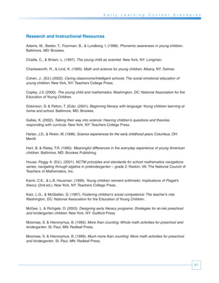 E a r l y   L e a r n i n g   C o n t e n t   S t a n d a r d s




Research and Instructional Resources

Adams, M., Beeler, T., Foorman, B., & Lundberg, I. (1998). Phonemic awareness in young children.
Baltimore, MD: Brookes.

Chaille, C., & Britain, L. (1997). The young child as scientist. New York, NY: Longman.

Charlesworth, R., & Lind, K. (1995). Math and science for young children. Albany, NY: Delmar.

Cohen, J., (Ed.) (2002). Caring classrooms/Intelligent schools: The social emotional education of
young children. New York, NY: Teachers College Press.

Copley, J.V. (2000). The young child and mathematics. Washington, DC: National Association for the
Education of Young Children.

Dickinson, D. & Patton, T. (Eds). (2001). Beginning literacy with language: Young children learning at
home and school. Baltimore, MD: Brookes.

Gallas, K. (2002). Talking their way into science: Hearing children’s questions and theories,
responding with curricula. New York, NY: Teachers College Press.

Harlan, J.D., & Rivkin, M. (1996). Science experiences for the early childhood years. Columbus, OH:
Merrill.

Hart, B. & Risley, T.R. (1995). Meaningful differences in the everyday experience of young American
children. Baltimore, MD: Brookes Publishing.

House, Peggy A. (Ed.). (2001). NCTM principles and standards for school mathematics navigations
series, navigating through algebra in prekindergarten – grade 2. Reston, VA: The National Council of
Teachers of Mathematics, Inc.

Kamii, C.K., & L.B. Housman. (1999). Young children reinvent arithmetic: Implications of Piaget’s
theory. (2nd ed.). New York, NY: Teachers College Press.

Katz, L.G., & McGlellan, D. (1997). Fostering children’s social competence: The teacher’s role.
Washington, DC: National Association for the Education of Young Children.

McGee, L. & Richgels, D. (2003). Designing early literacy programs: Strategies for at-risk preschool
and kindergarten children. New York, NY: Guilford Press.

Moomaw, S. & Hieronymus, B. (1995). More than counting: Whole math activities for preschool and
kindergarten. St. Paul, MN: Redleaf Press.

Moomaw, S. & Hieronymus, B. (1999). Much more than counting: More math activities for preschool
and kindergarten. St. Paul, MN: Redleaf Press.




                                                                                                             61
 