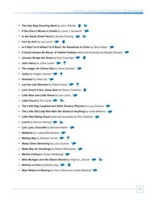 E a r l y   L e a r n i n g   C o n t e n t   S t a n d a r d s




• The Icky Bug Counting Book by Jerry Pallotta

• If You Give a Mouse a Cookie by Laura J. Numeroff

• In the Small, Small Pond by Denise Fleming

• Inch by Inch by Leo Lionni

• Is It Red? Is It Yellow? Is It Blue? An Adventure in Color by Tana Hoban

• It Could Always Be Worse: A Yiddish Folktale retold and illustrated by Margot Zemach

• January Brings the Snow by Sara Coleridge

• John Henry by Julius Lester

• The Judge: An Untrue Tale by Harve Zemach

• Julius by Angela Johnson

• Komodo! by Peter Sis

• Leo the Late Bloomer by Robert Kraus

• Let’s Count It Out, Jesse Bear by Nancy Carlstrom

• Little Blue and Little Yellow by Leo Lionni

• Little Cloud by Eric Carle

• The Little Dog Laughed and Other Nursery Rhymes by Lucy Cousins

• The Little Old Lady Who Was Not Afraid of Anything by Linda Williams

• Little Red Riding Hood retold and illustrated by Paul Galdone

• Lunch by Denise Fleming

• Lyle, Lyle, Crocodile by Bernard Waber

• Madeline by Ludwig Bemelmans

• Mailing May by Michael Tunnel

• Maisy Goes Swimming by Lucy Cousins

• Make Way for Ducklings by Robert McCloskey

• Martha Calling by Susan Meddaugh

• Mike Mulligan and His Steam Shovel by Virginia L. Burton

• Millions of Cats by Wanda Gag

• Miss Nelson is Missing by Harry Allard and James Marshall




                                                                                                           65
 
