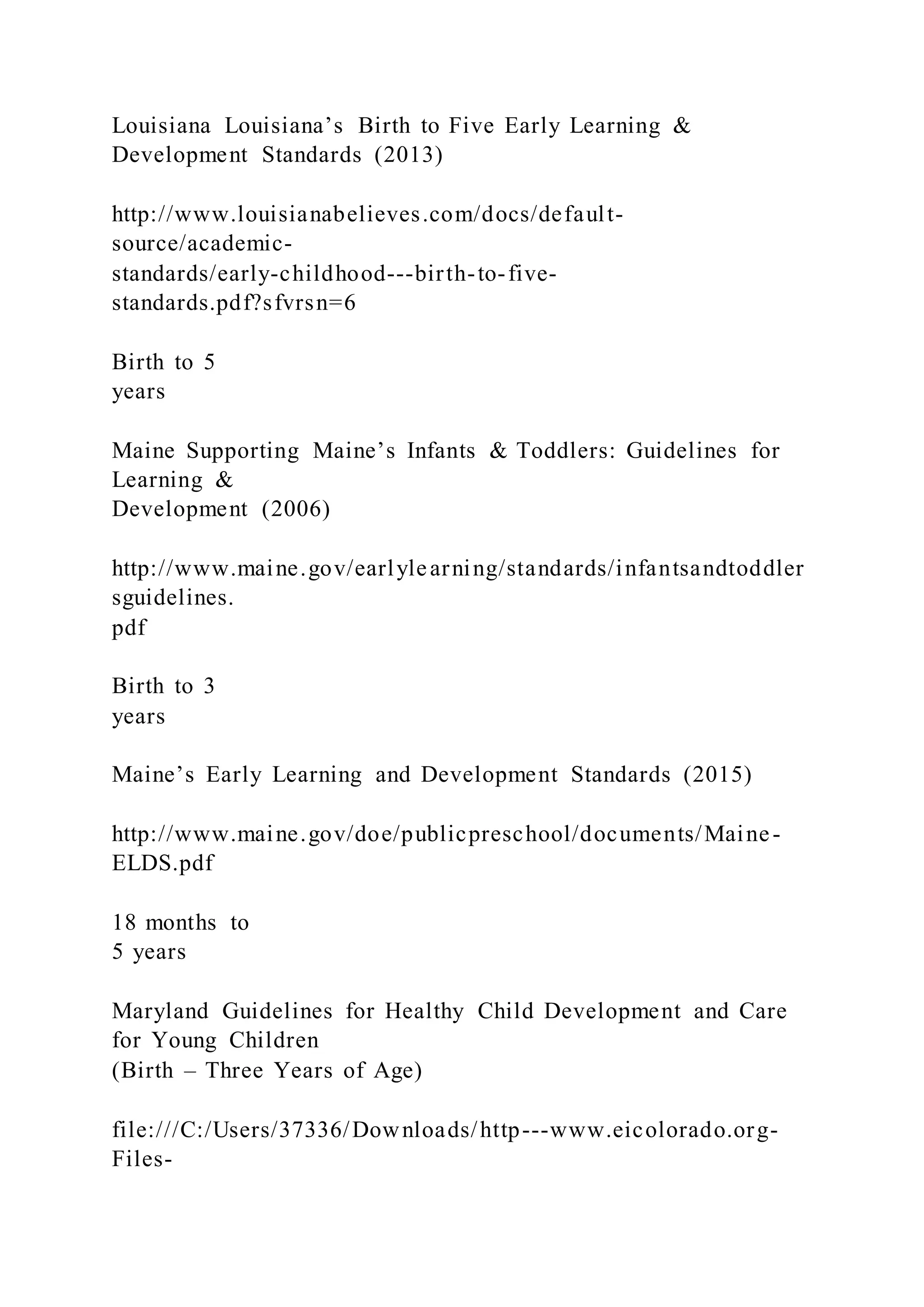 Louisiana Louisiana’s Birth to Five Early Learning &
Development Standards (2013)
http://www.louisianabelieves.com/docs/default-
source/academic-
standards/early-childhood---birth-to-five-
standards.pdf?sfvrsn=6
Birth to 5
years
Maine Supporting Maine’s Infants & Toddlers: Guidelines for
Learning &
Development (2006)
http://www.maine.gov/earlylearning/standards/infantsandtoddler
sguidelines.
pdf
Birth to 3
years
Maine’s Early Learning and Development Standards (2015)
http://www.maine.gov/doe/publicpreschool/documents/Maine-
ELDS.pdf
18 months to
5 years
Maryland Guidelines for Healthy Child Development and Care
for Young Children
(Birth – Three Years of Age)
file:///C:/Users/37336/Downloads/http---www.eicolorado.org-
Files-
 