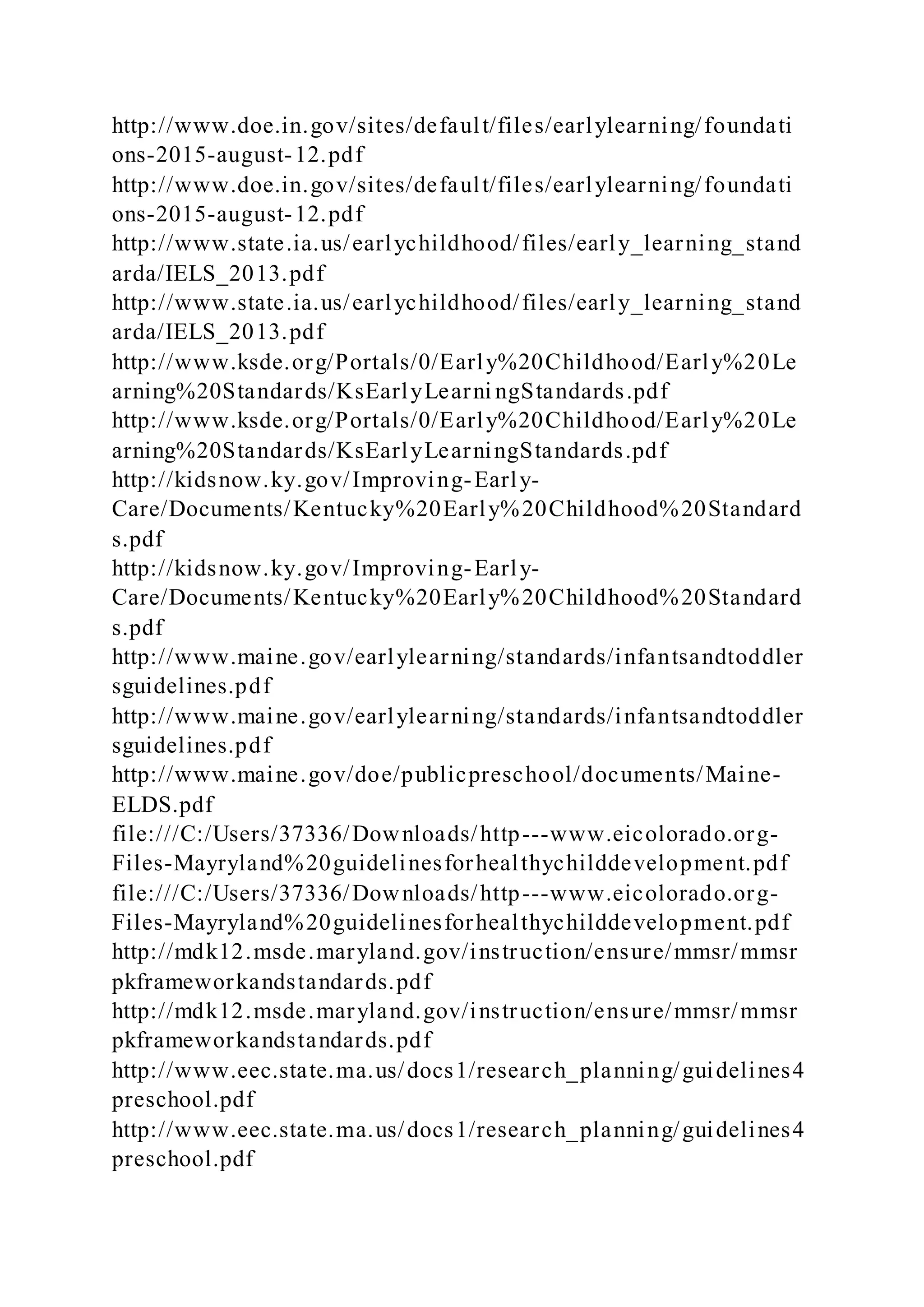 http://www.doe.in.gov/sites/default/files/earlylearning/foundati
ons-2015-august-12.pdf
http://www.doe.in.gov/sites/default/files/earlylearning/foundati
ons-2015-august-12.pdf
http://www.state.ia.us/earlychildhood/files/early_learning_stand
arda/IELS_2013.pdf
http://www.state.ia.us/earlychildhood/files/early_learning_stand
arda/IELS_2013.pdf
http://www.ksde.org/Portals/0/Early%20Childhood/Early%20Le
arning%20Standards/KsEarlyLearni ngStandards.pdf
http://www.ksde.org/Portals/0/Early%20Childhood/Early%20Le
arning%20Standards/KsEarlyLearningStandards.pdf
http://kidsnow.ky.gov/Improving-Early-
Care/Documents/Kentucky%20Early%20Childhood%20Standard
s.pdf
http://kidsnow.ky.gov/Improving-Early-
Care/Documents/Kentucky%20Early%20Childhood%20Standard
s.pdf
http://www.maine.gov/earlylearning/standards/infantsandtoddler
sguidelines.pdf
http://www.maine.gov/earlylearning/standards/infantsandtoddler
sguidelines.pdf
http://www.maine.gov/doe/publicpreschool/documents/Maine-
ELDS.pdf
file:///C:/Users/37336/Downloads/http---www.eicolorado.org-
Files-Mayryland%20guidelinesforhealthychilddevelopment.pdf
file:///C:/Users/37336/Downloads/http---www.eicolorado.org-
Files-Mayryland%20guidelinesforhealthychilddevelopment.pdf
http://mdk12.msde.maryland.gov/instruction/ensure/mmsr/mmsr
pkframeworkandstandards.pdf
http://mdk12.msde.maryland.gov/instruction/ensure/mmsr/mmsr
pkframeworkandstandards.pdf
http://www.eec.state.ma.us/docs1/research_planning/guidelines4
preschool.pdf
http://www.eec.state.ma.us/docs1/research_planning/guidelines4
preschool.pdf
 