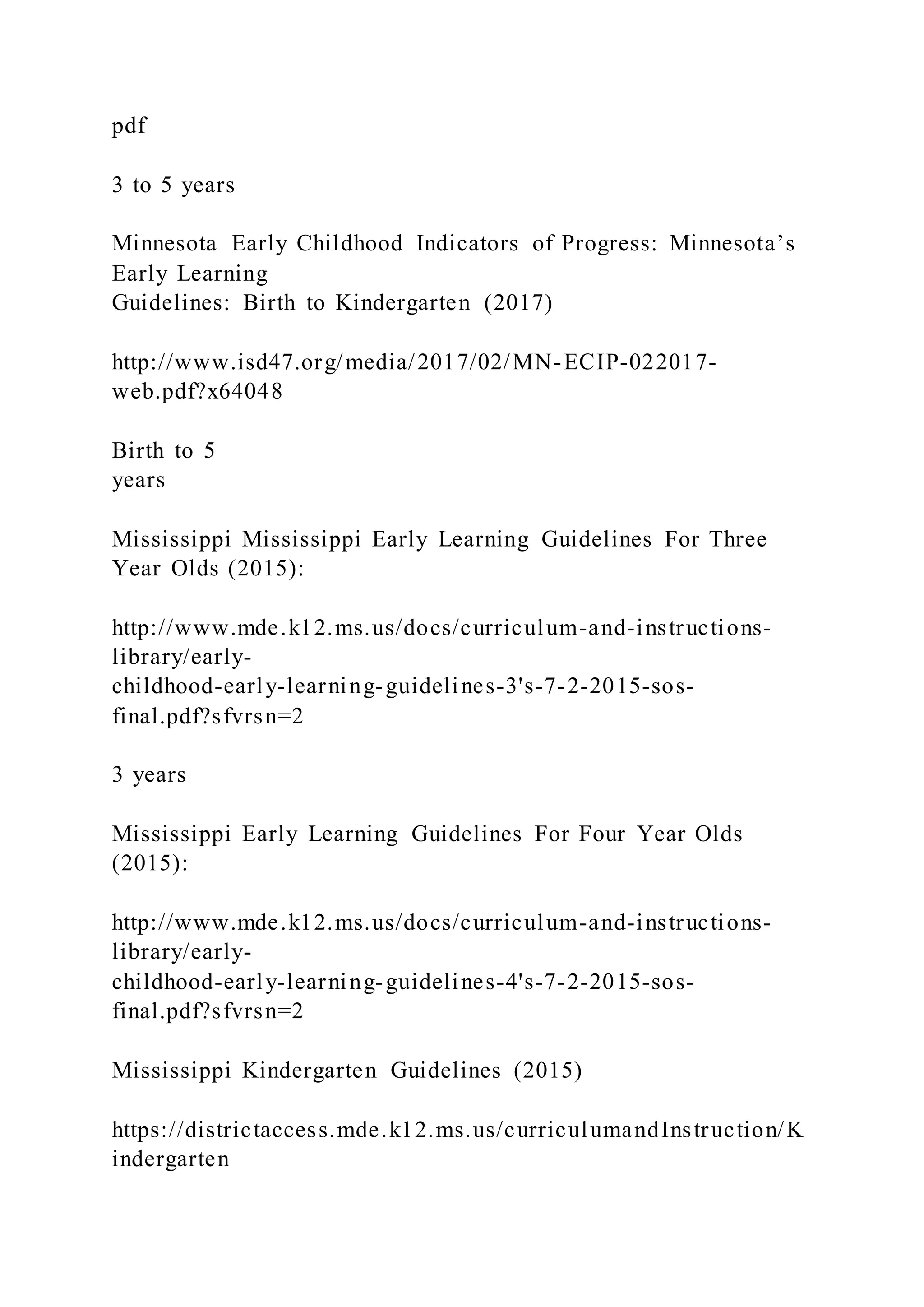 pdf
3 to 5 years
Minnesota Early Childhood Indicators of Progress: Minnesota’s
Early Learning
Guidelines: Birth to Kindergarten (2017)
http://www.isd47.org/media/2017/02/MN-ECIP-022017-
web.pdf?x64048
Birth to 5
years
Mississippi Mississippi Early Learning Guidelines For Three
Year Olds (2015):
http://www.mde.k12.ms.us/docs/curriculum-and-instructions-
library/early-
childhood-early-learning-guidelines-3's-7-2-2015-sos-
final.pdf?sfvrsn=2
3 years
Mississippi Early Learning Guidelines For Four Year Olds
(2015):
http://www.mde.k12.ms.us/docs/curriculum-and-instructions-
library/early-
childhood-early-learning-guidelines-4's-7-2-2015-sos-
final.pdf?sfvrsn=2
Mississippi Kindergarten Guidelines (2015)
https://districtaccess.mde.k12.ms.us/curriculumandInstruction/K
indergarten
 