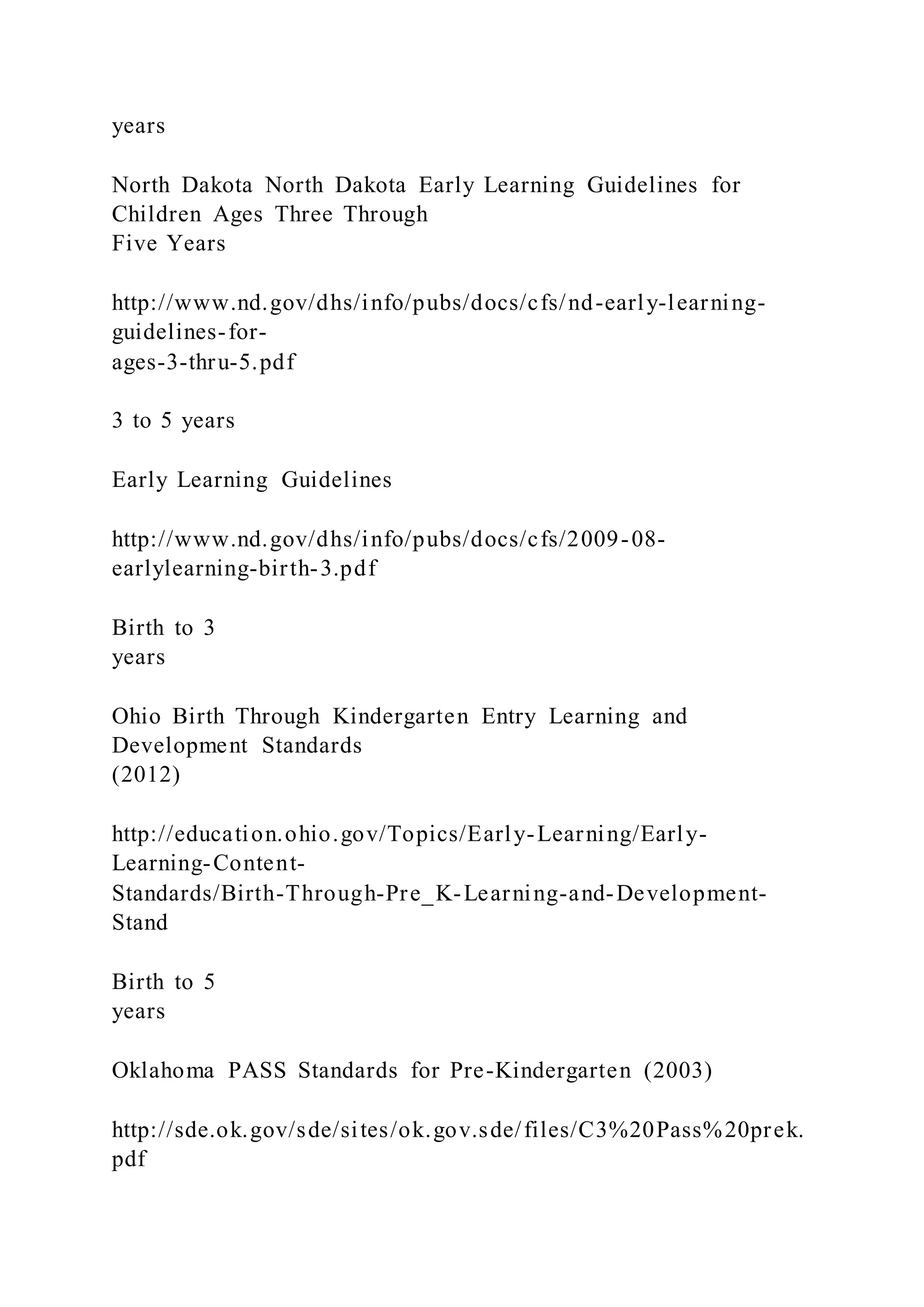years
North Dakota North Dakota Early Learning Guidelines for
Children Ages Three Through
Five Years
http://www.nd.gov/dhs/info/pubs/docs/cfs/nd-early-learning-
guidelines-for-
ages-3-thru-5.pdf
3 to 5 years
Early Learning Guidelines
http://www.nd.gov/dhs/info/pubs/docs/cfs/2009-08-
earlylearning-birth-3.pdf
Birth to 3
years
Ohio Birth Through Kindergarten Entry Learning and
Development Standards
(2012)
http://education.ohio.gov/Topics/Early-Learning/Early-
Learning-Content-
Standards/Birth-Through-Pre_K-Learning-and-Development-
Stand
Birth to 5
years
Oklahoma PASS Standards for Pre-Kindergarten (2003)
http://sde.ok.gov/sde/sites/ok.gov.sde/files/C3%20Pass%20prek.
pdf
 