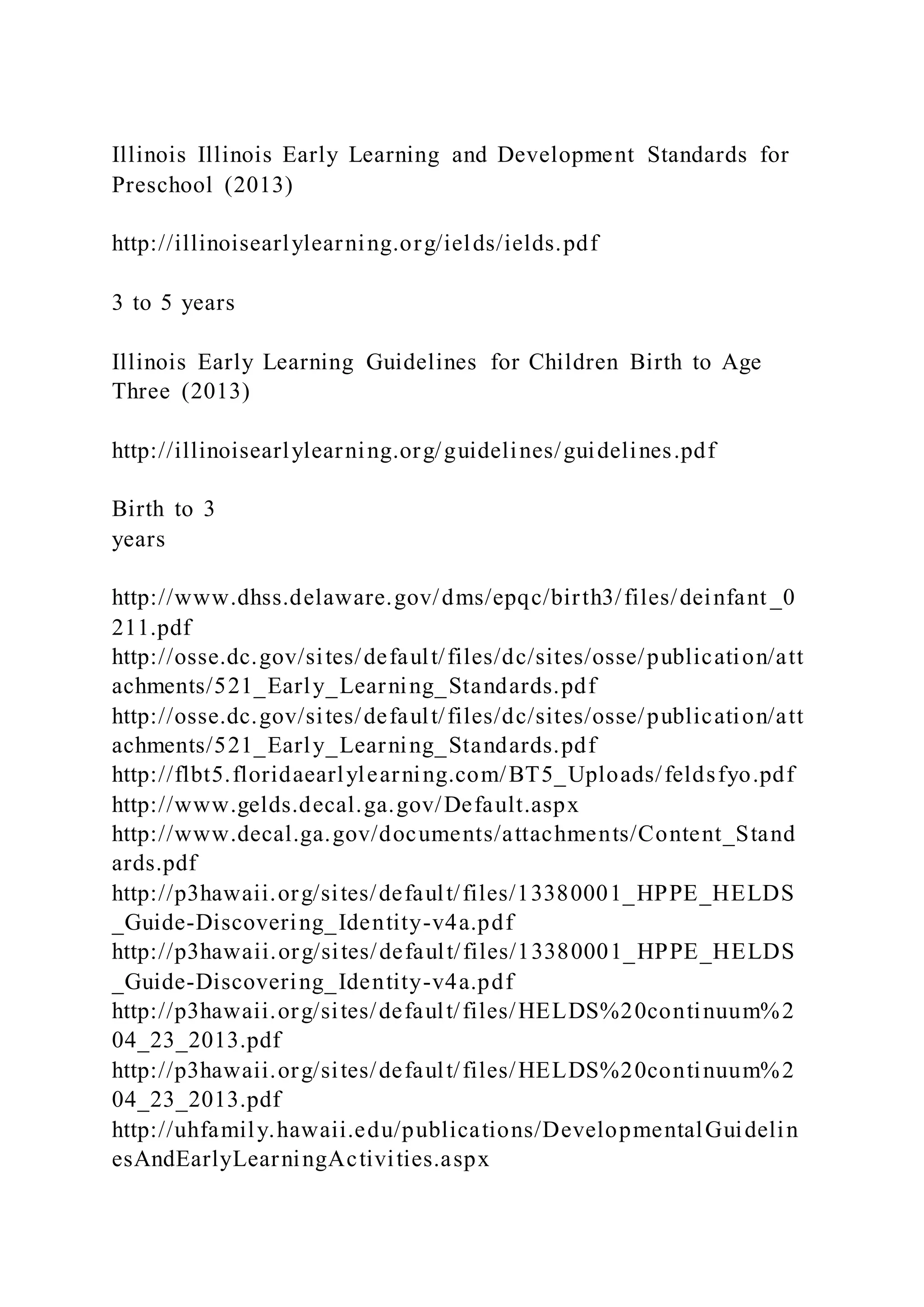 Illinois Illinois Early Learning and Development Standards for
Preschool (2013)
http://illinoisearlylearning.org/ields/ields.pdf
3 to 5 years
Illinois Early Learning Guidelines for Children Birth to Age
Three (2013)
http://illinoisearlylearning.org/guidelines/guidelines.pdf
Birth to 3
years
http://www.dhss.delaware.gov/dms/epqc/birth3/files/deinfant _0
211.pdf
http://osse.dc.gov/sites/default/files/dc/sites/osse/publication/att
achments/521_Early_Learning_Standards.pdf
http://osse.dc.gov/sites/default/files/dc/sites/osse/publication/att
achments/521_Early_Learning_Standards.pdf
http://flbt5.floridaearlylearning.com/BT5_Uploads/feldsfyo.pdf
http://www.gelds.decal.ga.gov/Default.aspx
http://www.decal.ga.gov/documents/attachments/Content_Stand
ards.pdf
http://p3hawaii.org/sites/default/files/13380001_HPPE_HELDS
_Guide-Discovering_Identity-v4a.pdf
http://p3hawaii.org/sites/default/files/13380001_HPPE_HELDS
_Guide-Discovering_Identity-v4a.pdf
http://p3hawaii.org/sites/default/files/HELDS%20continuum%2
04_23_2013.pdf
http://p3hawaii.org/sites/default/files/HELDS%20continuum%2
04_23_2013.pdf
http://uhfamily.hawaii.edu/publications/DevelopmentalGuidelin
esAndEarlyLearningActivities.aspx
 