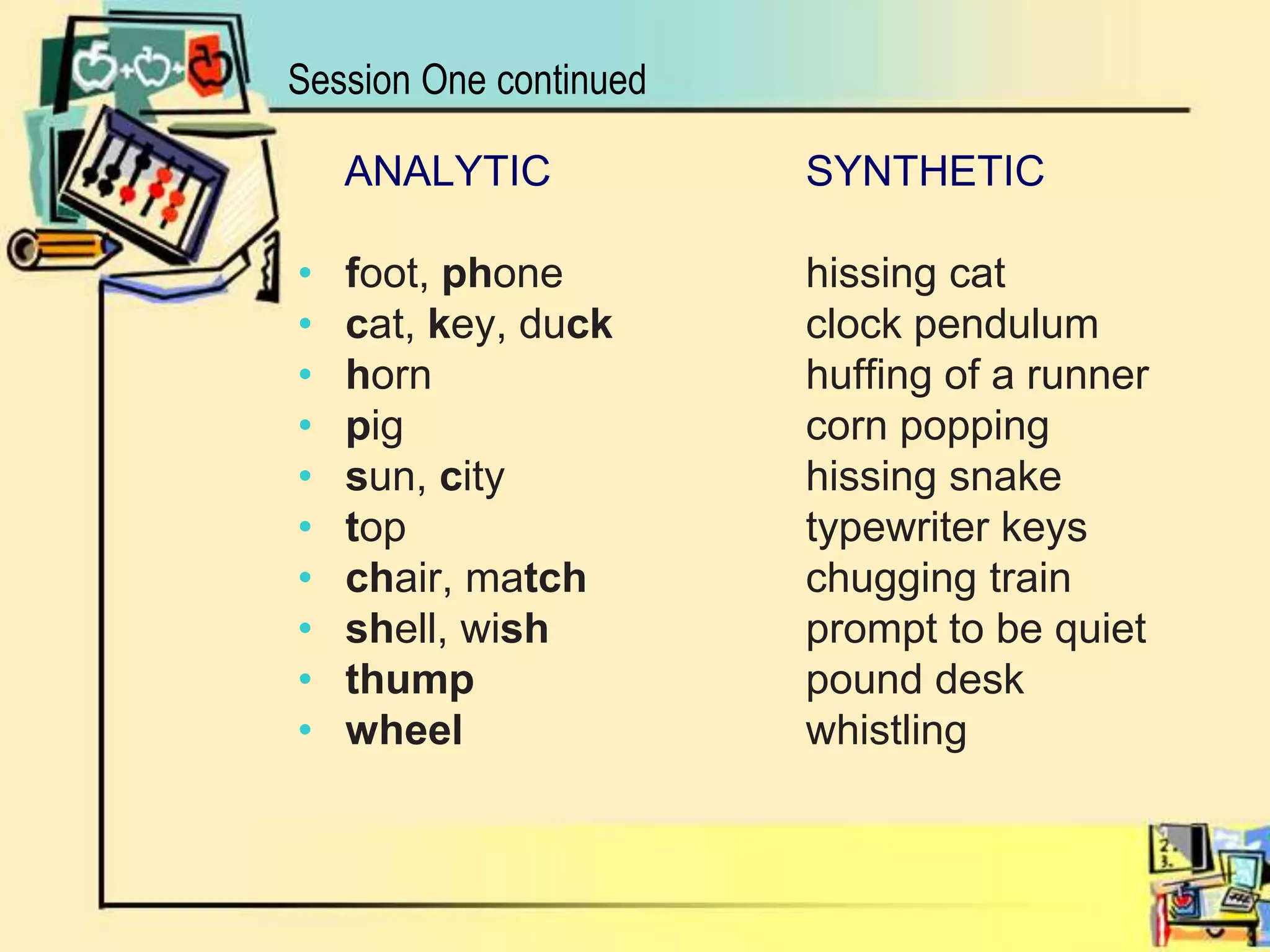 Session One continuedANALYTIC 		SYNTHETICfoot, phone 		hissing catcat, key, duck 		clock pendulumhorn 			huffing of a runnerpig 				corn poppingsun, city 			hissing snaketop 				typewriter keyschair, match 		chugging trainshell, wish 		prompt to be quietthump			pound deskwheel			whistling
