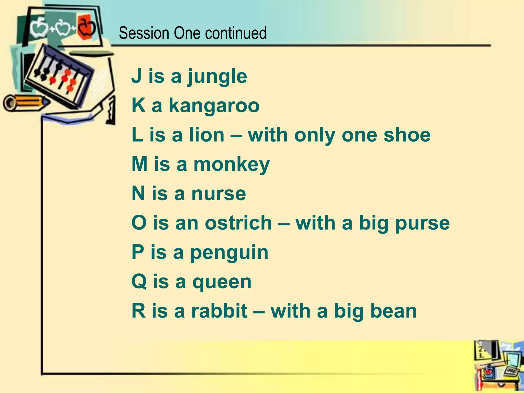 Session One continuedJ is a jungleK a kangarooL is a lion – with only one shoeM is a monkeyN is a nurseO is an ostrich – with a big purseP is a penguinQ is a queenR is a rabbit – with a big bean