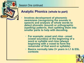 Session One continuedAnalytic Phonics (whole to part)Involves development of phonemic awareness (recognising the sounds in speech) and analysis of whole words to detect phonetic (sound) or orthographic (spelling) patterns, then splitting them into smaller parts to help with decoding. For example: onset and rime - onset (vowel sound(s)) at the beginning of a word or syllable and rime (always beginning with a vowel to form the remainder of that word or syllable).Basics normally take 2+ years in L1 & ESL contexts