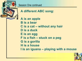 A different ABC song:A is an appleB is a bearC is a cat – without any hairD is a duckE is an eggF is a fish – stuck on a pegG is a gorilla H is a houseI is an iguana – playing with a mouse Session One continued