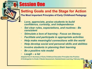 Session OneSetting Goals and the Stage for ActionThe Most Important Principles of Early Childhood PedagogyLove, appreciate, praise students to build confidence, curiosity, and independenceSet clear rules, expectations, and routines - Be consistentStimulate a love of learning - Focus on literacyFacilitate and participate in appropriate activities Help make meaningful connections with the worldHelp develop social and personal skills and abilitiesInvolve students in planning their learningBe a positive role modelLaugh – a lotAdapted from A Summary of Early Childhood Education Principles Into Practice:A Kindergarten to Grade 3 Needs Assessment, Saskatchewan Learning, February 2006
