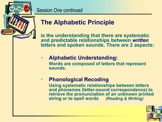 Session One continuedThe Alphabetic Principleis the understanding that there are systematicand predictable relationships between writtenletters and spoken sounds. There are 2 aspects:Alphabetic Understanding:	Words are composed of letters that represent sounds.Phonological Recoding	Using systematic relationships between letters and phonemes (letter-sound correspondence) to retrieve the pronunciation of an unknown printed string or to spell words 	(Reading & Writing)