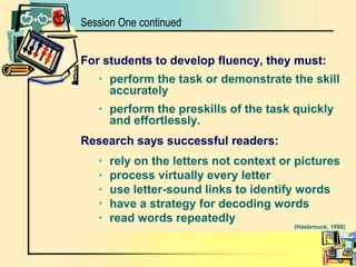 Session One continuedFor students to develop fluency, they must:perform the task or demonstrate the skill accuratelyperform the preskills of the task quickly and effortlessly.Research says successful readers: rely on the letters not context or pictures process virtually every letter use letter-sound links to identify wordshave a strategy for decoding wordsread words repeatedly            									(Hasbrouck, 1998)