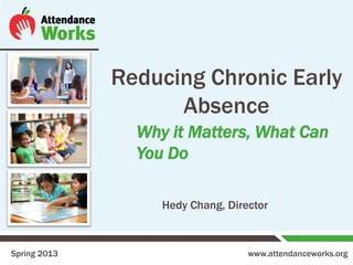 www.attendanceworks.org
Reducing Chronic Early
Absence
Spring 2013
Hedy Chang, Director
Why it Matters, What Can
You Do
 