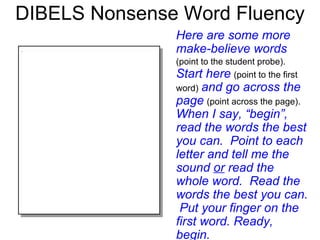 DIBELS Nonsense Word Fluency Here are some more make-believe words   (point to the student probe).   Start here   (point to the first word)   and go across the page   (point across the page).   When I say, “begin”, read the words the best you can.  Point to each letter and tell me the sound  or  read the whole word.  Read the words the best you can.  Put your finger on the first word. Ready, begin.  