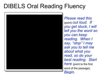 DIBELS Oral Reading Fluency Please read this  (point)  out loud.  If you get stuck, I will tell you the word so you can keep reading.  When I say, “stop” I may ask you to tell me about what you read, so do your best reading.  Start here  (point to the first word of the passage).   Begin.  