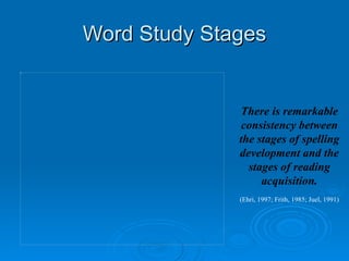 Word Study Stages There is remarkable consistency between the stages of spelling development and the stages of reading acquisition. (Ehri, 1997; Frith, 1985; Juel, 1991) 