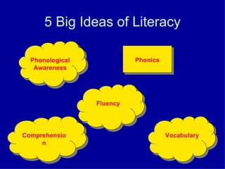 5 Big Ideas of Literacy Phonics Phonological Awareness Comprehension Vocabulary Fluency 