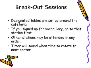 Break-Out Sessions Designated tables are set up around the cafeteria. If you signed up for vocabulary, go to that station first. Other stations may be attended in any order. Timer will sound when time to rotate to next center. 